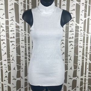 Smocked Sleeveless Mock Neck Longline Top XS White